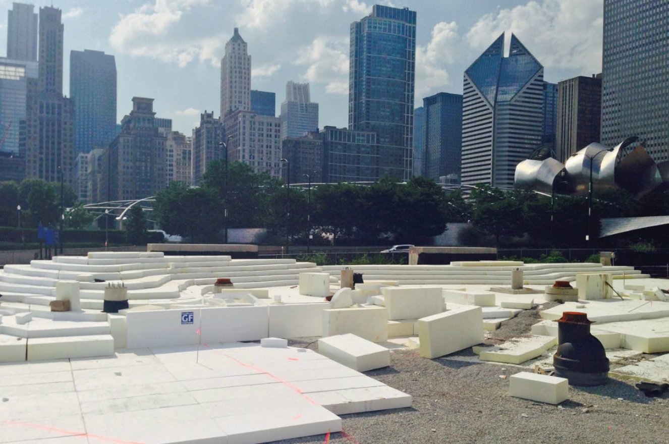 The "snow" on Chicago's famed waterfront in the heat of summer is actually EPS geofoam, being used to construct Maggie Daley Park atop a parking garage that cannot hold heavy soil.